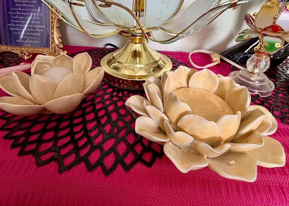Pair of Ceramic Lotus Flower Votive Candle Holders